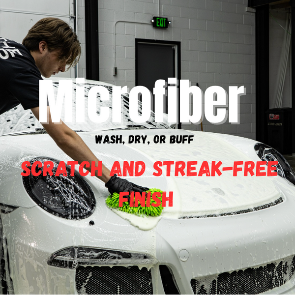 Person washing a white car with text about microfiber cleaning.